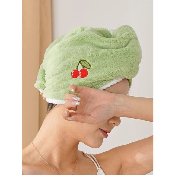 GREEN CHERRY EMBROIDERY HAIR TOWEL 1 PIECE - Picture 4 of 5